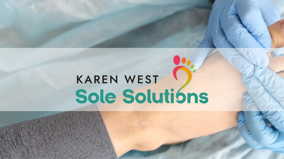 Karen West Sole Solutions branding over a close-up professional foot care treatment with gloved hands.